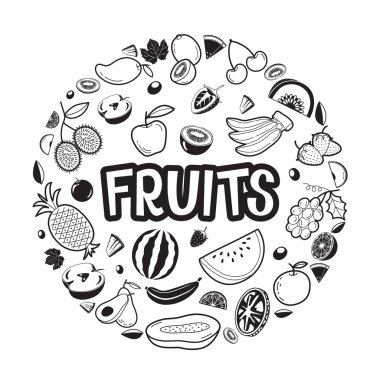 Meyve nesneleri, simgeler, harf daire çerçeve üzerinde