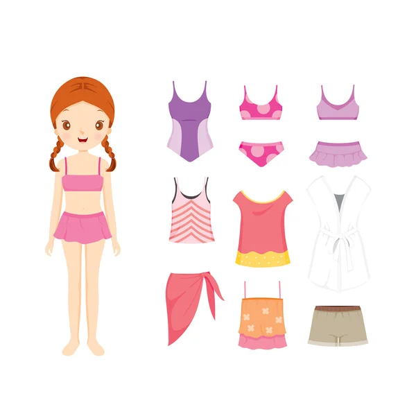 Meisje In Bikini en kleding Set voor de zomer — Stockvector