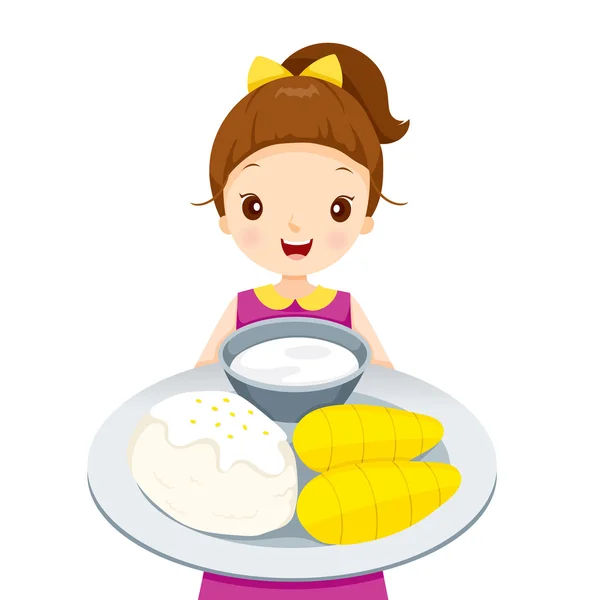 Chica mostrando mango con arroz pegajoso, en el plato — Vector de stock