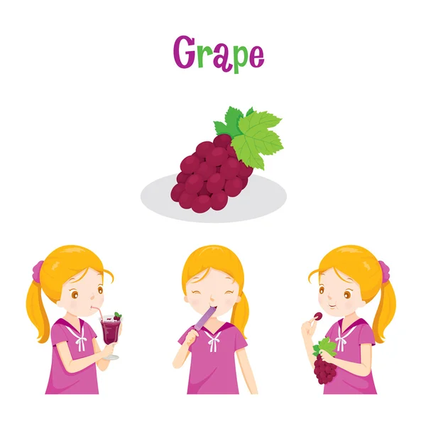 Fille avec des fruits de raisin, jus, crème glacée et lettres — Image vectorielle