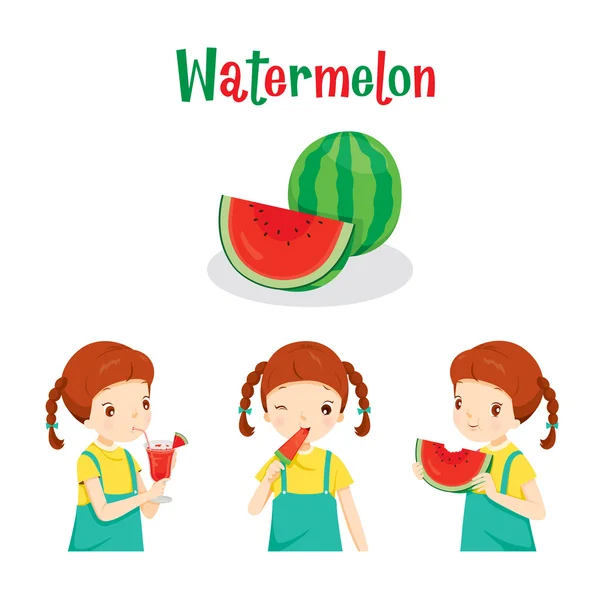 西瓜水果、 果汁、 冰淇淋和字母的女孩 — 图库矢量图片
