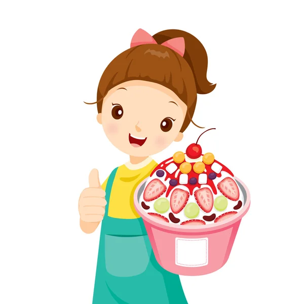 Chica mostrando afeitar hielo con topping — Vector de stock