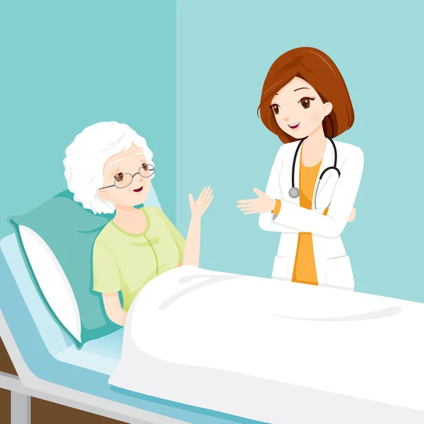 Orvos látogató és idős beteg az ágyban beszélgetett — Stock Vector