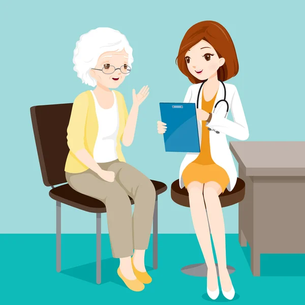Γιατρός μιλάει στον ασθενή-ηλικιωμένο σχετικά με τα συμπτώματά της — Διανυσματικό Αρχείο