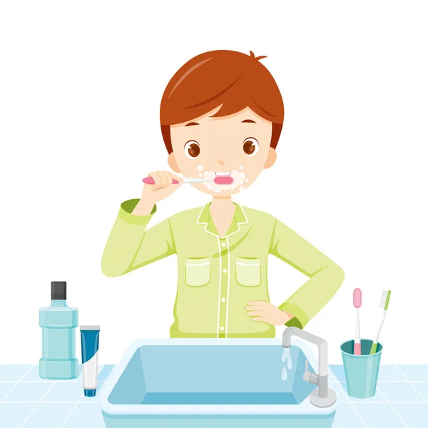 Boy v pyžamu, čistit si zuby v koupelně — Stockový vektor