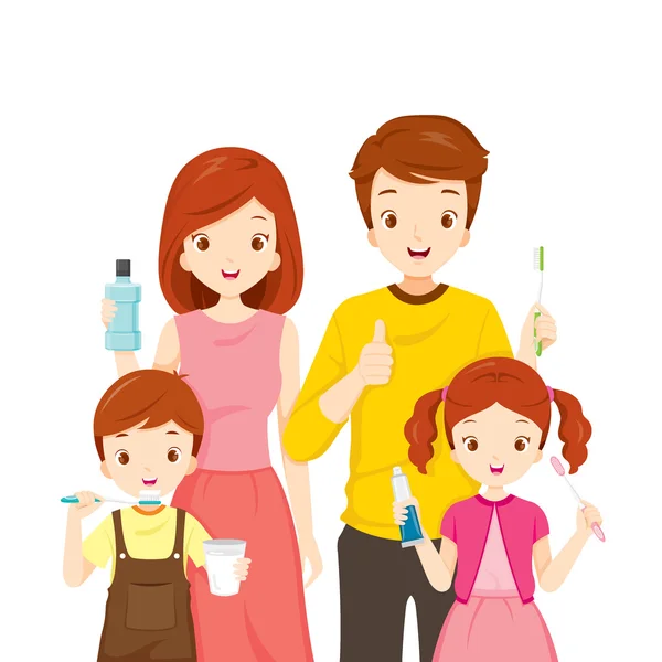 Счастливая семья с принадлежностями для чистки зубов — стоковый вектор