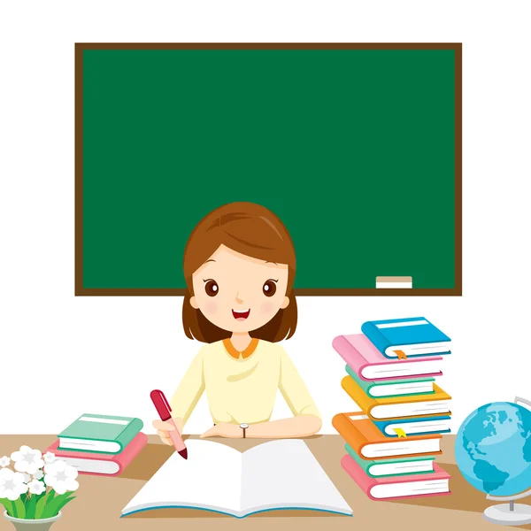 Woman Teachers Checking Homework On Table — Stock Vector