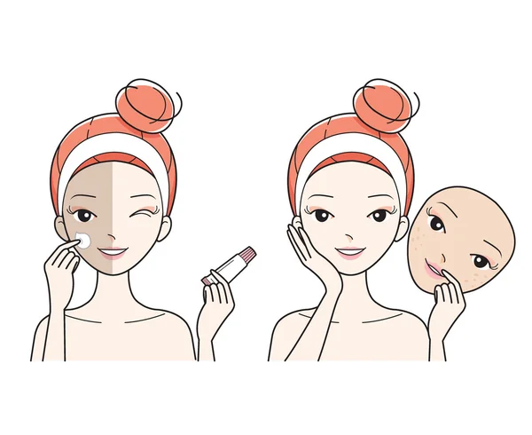 Ung kvinna vård ansikte, dålig till bra färg ansiktsvård — Stock vektor