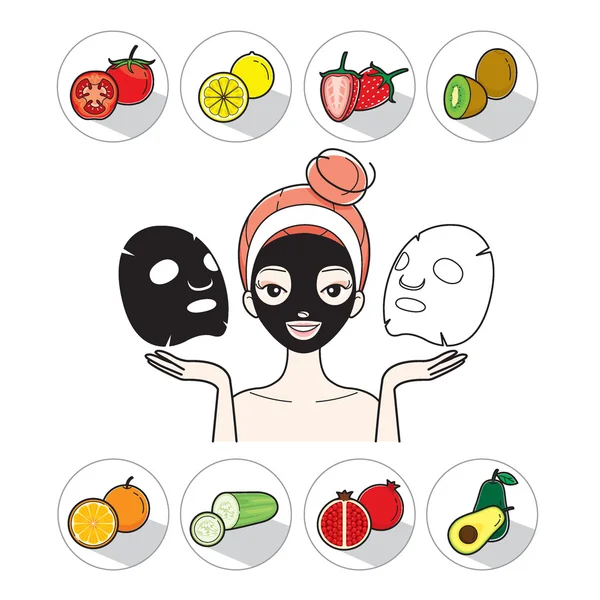 Jeune femme avec masque facial et icônes de fruits — Image vectorielle