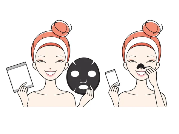 Young Woman With Facial, Nose Mask Sheet — Stock Vector
