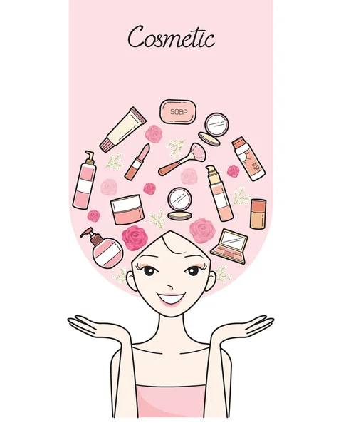 Jeune femme avec des cosmétiques et des icônes de beauté sur la tête — Image vectorielle