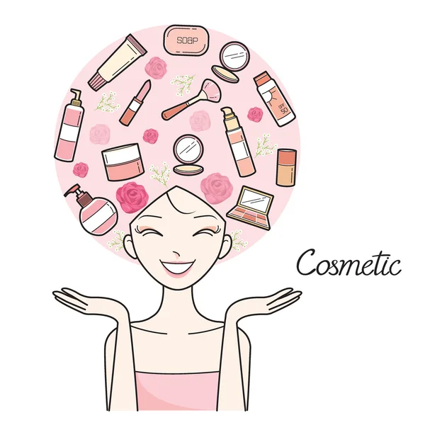 Jeune femme avec des cosmétiques et des icônes de beauté sur la tête — Image vectorielle