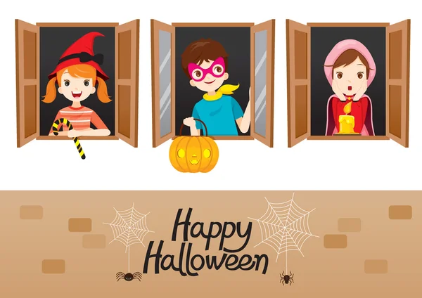 Kinder am Fenster glücklich halloween — Stockvektor
