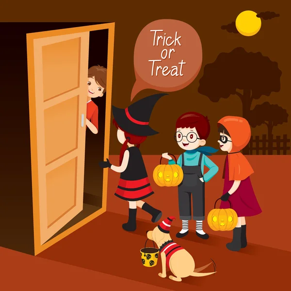 Trick Or Treat, Children And Man Open Door — Stock Vector