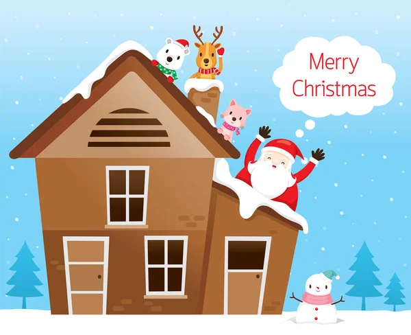 Санта Клаус Другом Оленем Медведем Котом Счастливы Крыше Дома — стоковый вектор