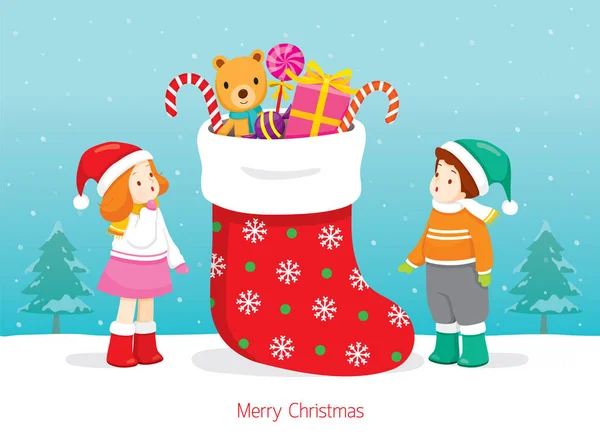 Αγόρι Και Κορίτσι Συναρπαστικά Μεγάλα Χριστούγεννα Γεμάτο Δώρα — Διανυσματικό Αρχείο