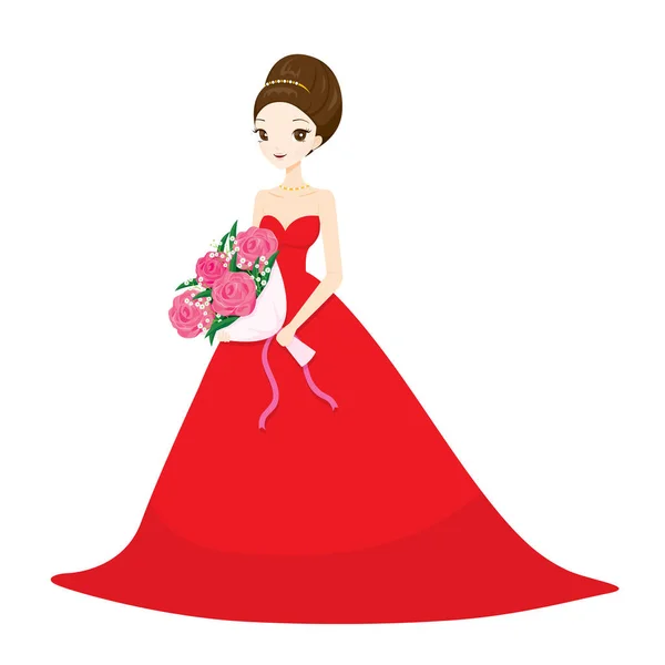 Novia Vestido Novia Largo Rojo Que Sostiene Ramo Flores — Vector de stock