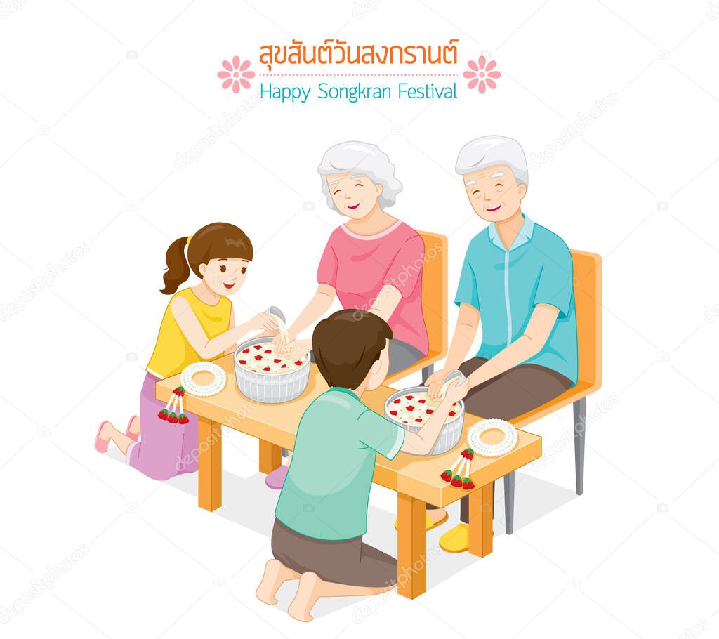 Offspring Pouring Water On Hands Of Revered Elders And Ask For Blessing, Tradition Thai New Year, Suk San Wan Songkran (Translate-Happy Songkran Festival)