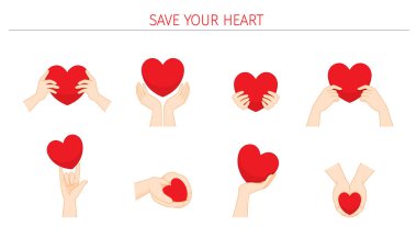 Set Of Red Heart In Hands With Care And Tenderness, Save Your Heart, Love And Valentines Day