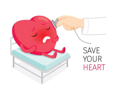 Doctor Using Stethoscope Checking Heart Cartoon Character Sick In Bed At The Hospital