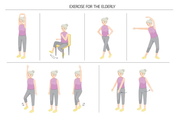 Set Old Woman Standing Moving Body Good Health Exercise Healthy — Stok Vektör