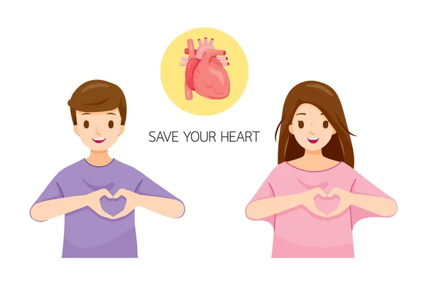 Man Woman Showing Heart Shaped Hands Gesture Left Chest — Archivo Imágenes Vectoriales