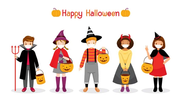 Děti Zdobit Halloweenské Kostýmy Držet Dýňové Kbelíky — Stockový vektor