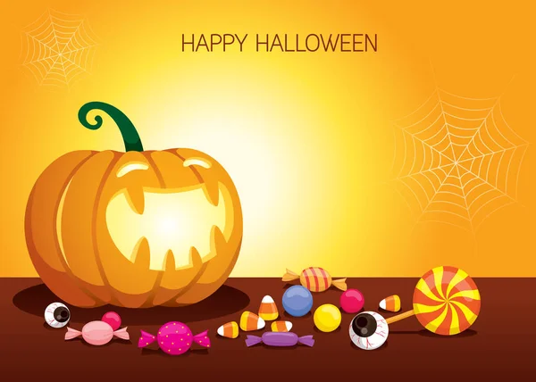 Linterna Calabazas Halloween Brillando Brillantemente Con Dulces Piso — Vector de stock