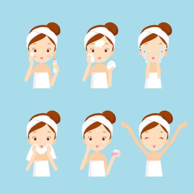 Kız temizlik ve yüzünü çeşitli eylemlerle bakım