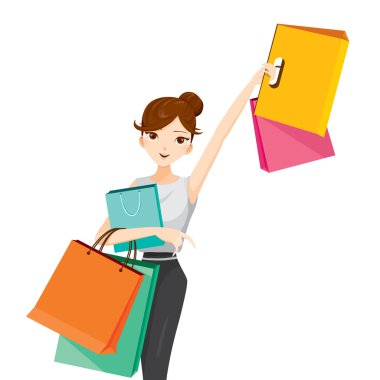 Kadın kolu, alışveriş torbaları asılı yükseltir