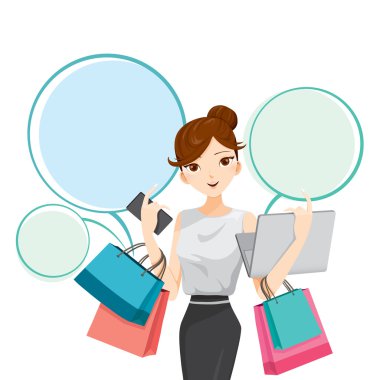 Defter, smartphone ve alışveriş torbaları tutan kadın
