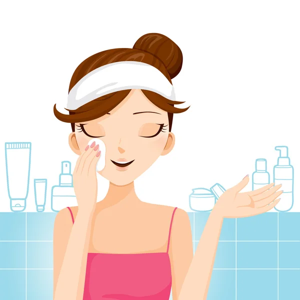 Mujer joven limpiando maquillaje en su cara — Vector de stock