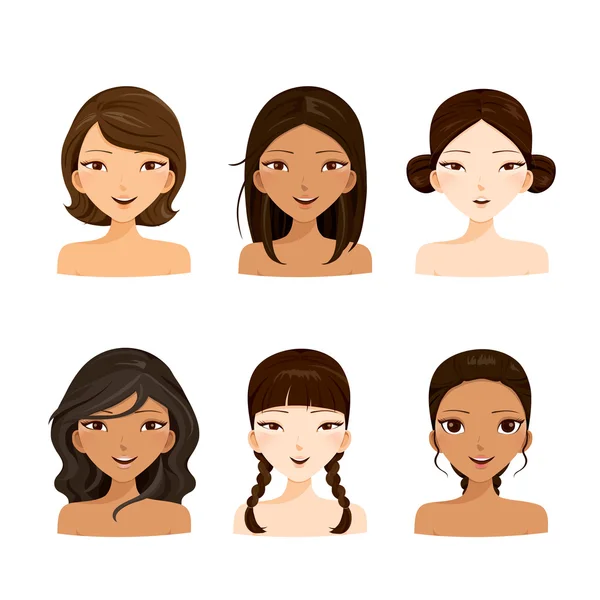 Jeunes femmes visages avec différentes coiffures et la peau — Image vectorielle