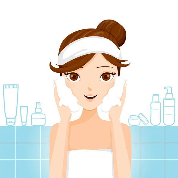 Jeune femme lavage visage avec mousse — Image vectorielle