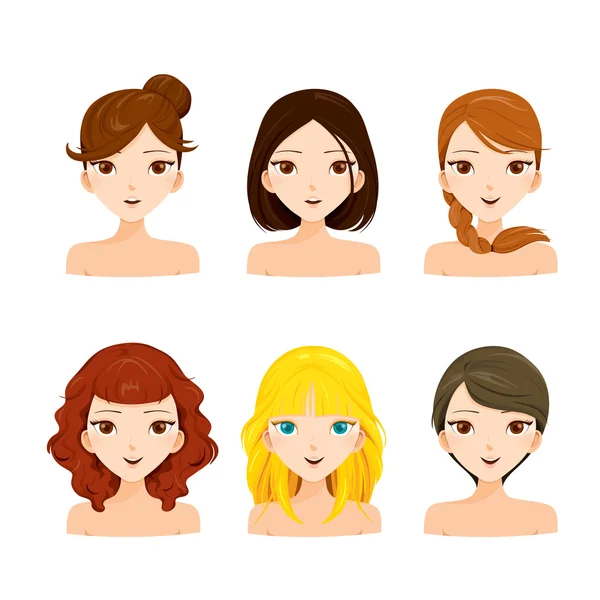 Rostos de mulheres jovens com vários penteados — Vetor de Stock