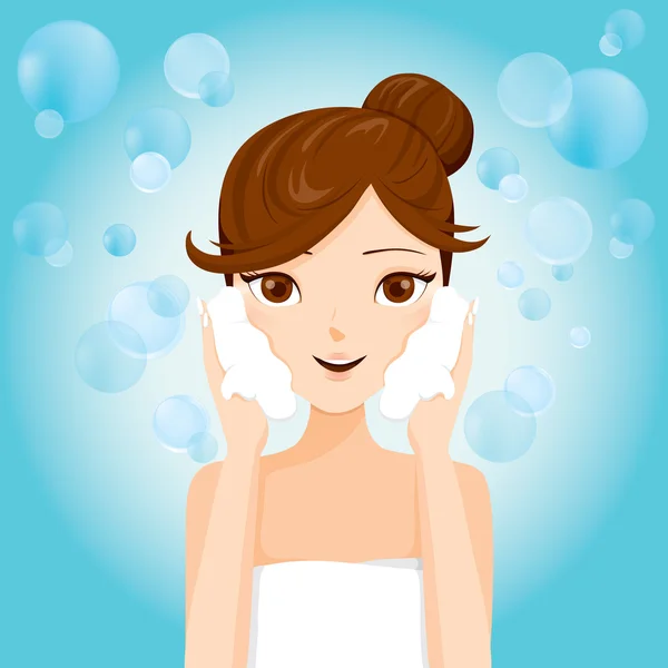 Junge Frau wäscht Gesicht mit Schaum — Stockvektor