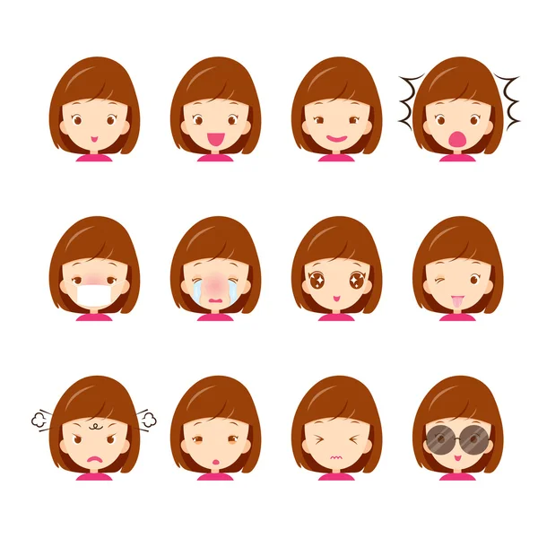 Emoticon ícones conjunto de menina bonito com várias emoções —  Vetores de Stock