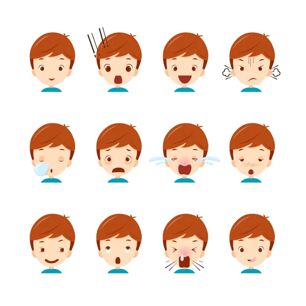 Emoticon iconos conjunto de chico lindo con varias emociones — Vector de stock