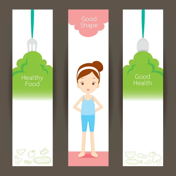 Jó alakú lány és tiszta élelmiszerek banner koncepció — Stock Vector