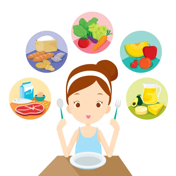 Cute girl ready to eat the 5 food groups — Stock Vector