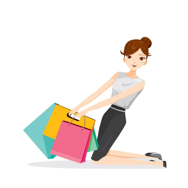 Woman holding shopping bags, siting on floor — Stock Vector