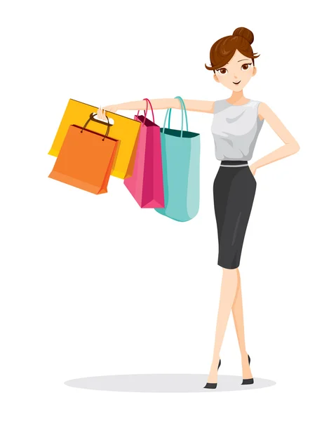 Mulher pendurado sacos de compras em seu braço —  Vetores de Stock