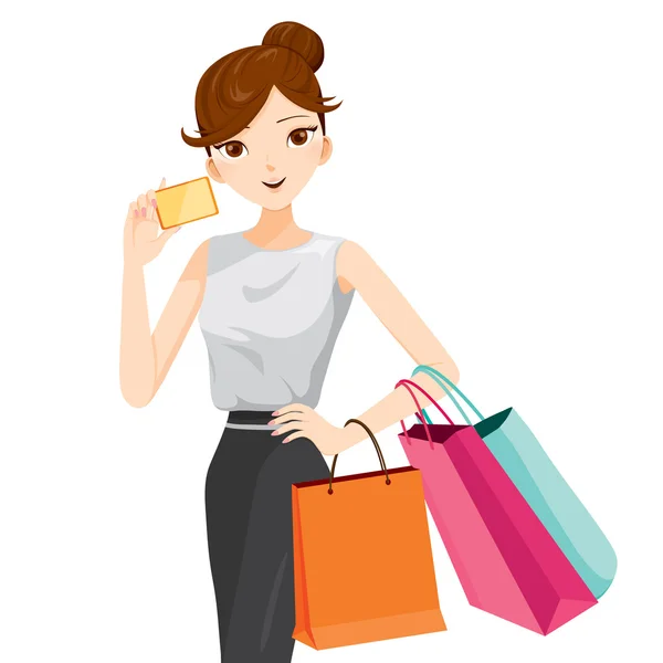 Woman holding card and shopping bags — Stock Vector