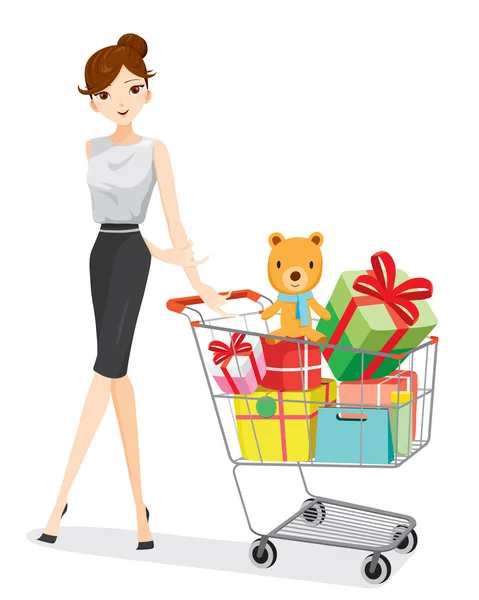 Woman and shopping cart full of gifts — Stock Vector