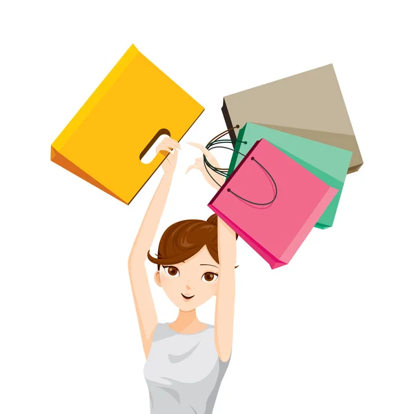 Woman raises her arms, holding shopping bags — Stock Vector