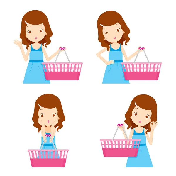 Cute girl and empty shopping baskets with various actions set — Stock Vector