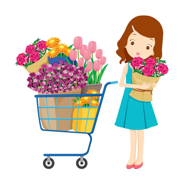 Menina e carrinho de compras cheio de flores — Vetor de Stock