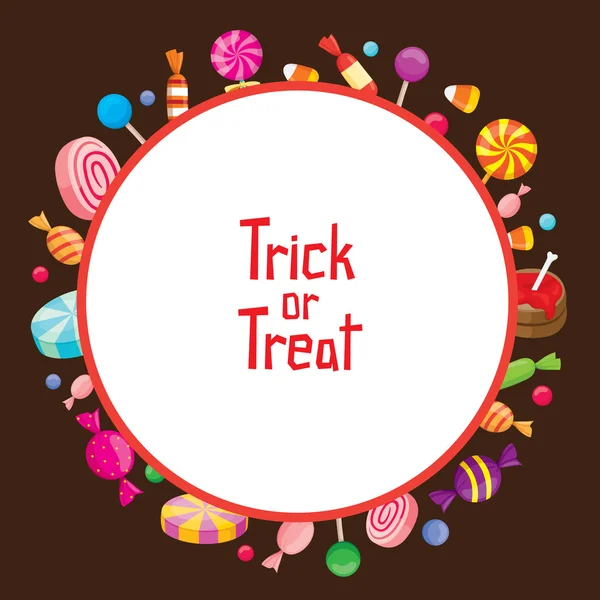 Dulces de Halloween con truco o trato en el marco redondo — Vector de stock