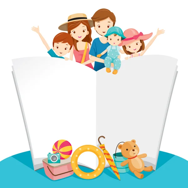 Família feliz com viagem de verão e caderno —  Vetores de Stock