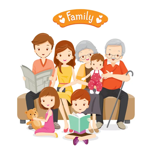 Familia feliz sentada en el sofá y el piso — Vector de stock